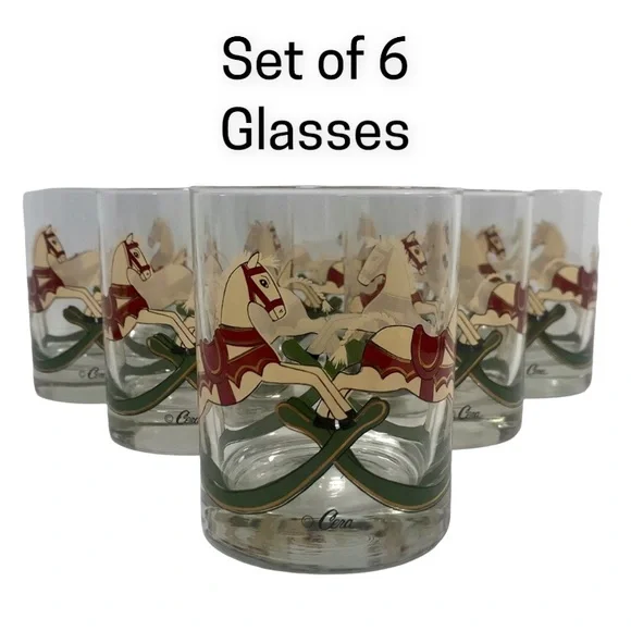 CERA Vintage Carousel Rocking Horse Set of 6 Old Fashioned Rocks Glasses Barware - Picture 1 of 9